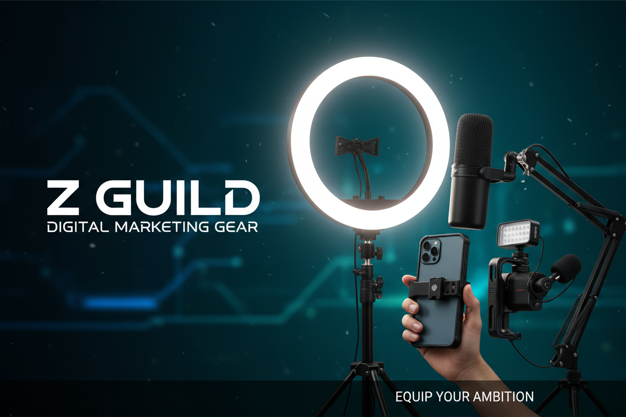 A professional, modern hero banner for a Nigerian digital marketing gear store called Z GUILD. The image should feature high-quality, focused product shots of content creation gear: a large ring light, a USB microphone on a boom arm, and a smartphone in a vlogging cage being held up. The background should be a dynamic, blurred deep teal and black digital background, suggesting technology and high standards. The overall mood should be energetic, tech-forward, and inspiring for digital creators. Aspect ratio 